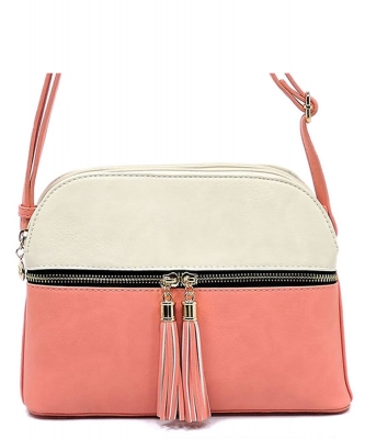 Dual Tone Zip Tassel Multi Compartment Crossbody Bag LP050 BEIGE LIGHT PINK
